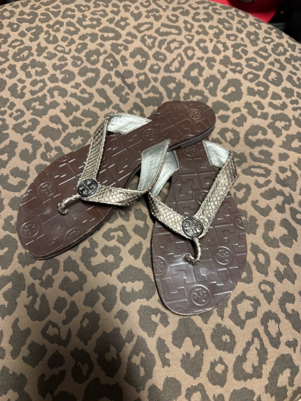 Tory Burch Brown Flip-Flop Sandals with Metallic Gold Snake-Texture Straps